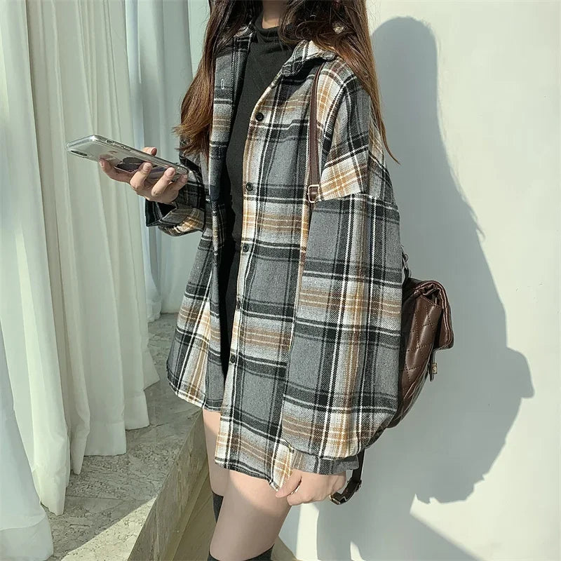 Women’s Oversized Flannel Plaid Shirt – Long Sleeve Button-Down Check Shacket for Autumn & Winter