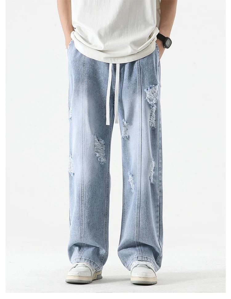 Men’s Summer Loose Ripped Jeans – Retro Straight-Leg Denim Pants with Drawstring Waist, Casual Streetwear Style