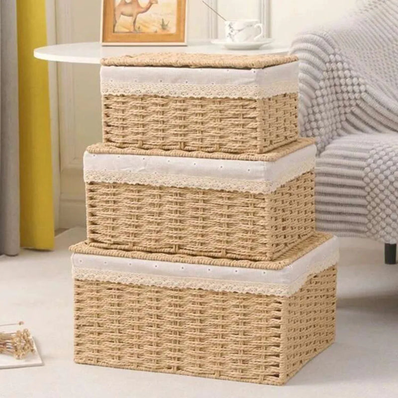 Wicker Storage Basket 3-Pack Woven Wicker Baskets Large Wicker Basket Cube Storage Bins with Liners Storage Baskets