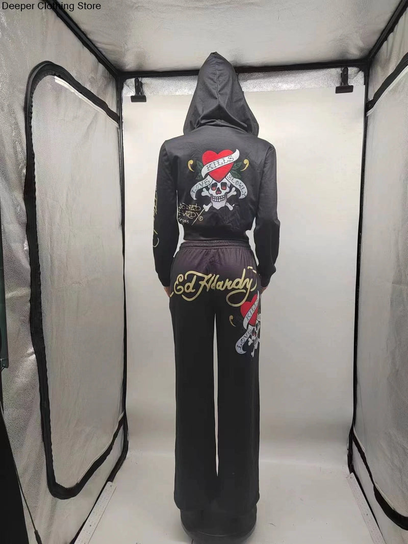 Y2k Zipper Tracksuit Women Black Print Hoodie Sweatpant Winter Blue Bodycon 2 Two Piece Outfits Pants Matching Sets Sweatshirt