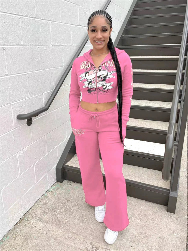 Y2k Zipper Tracksuit Women Black Print Hoodie Sweatpant Winter Blue Bodycon 2 Two Piece Outfits Pants Matching Sets Sweatshirt