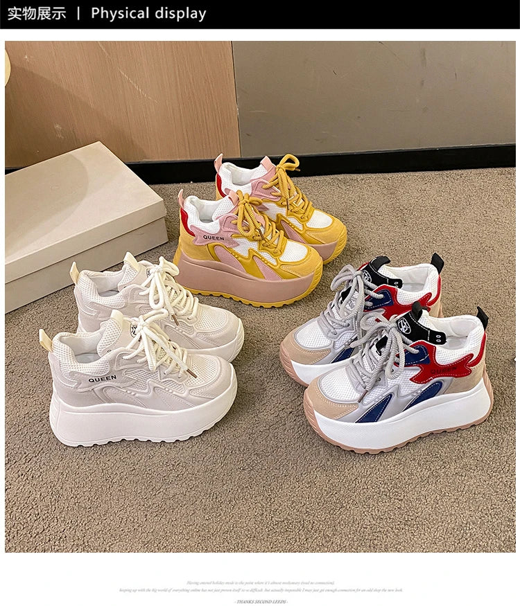 Women Chunky Sneakers 2025 Autumn Breathable Mesh Casual Shoes 11CM Wedge Heels Platform Shoes Chaussures Femme Sports Dad Shoes