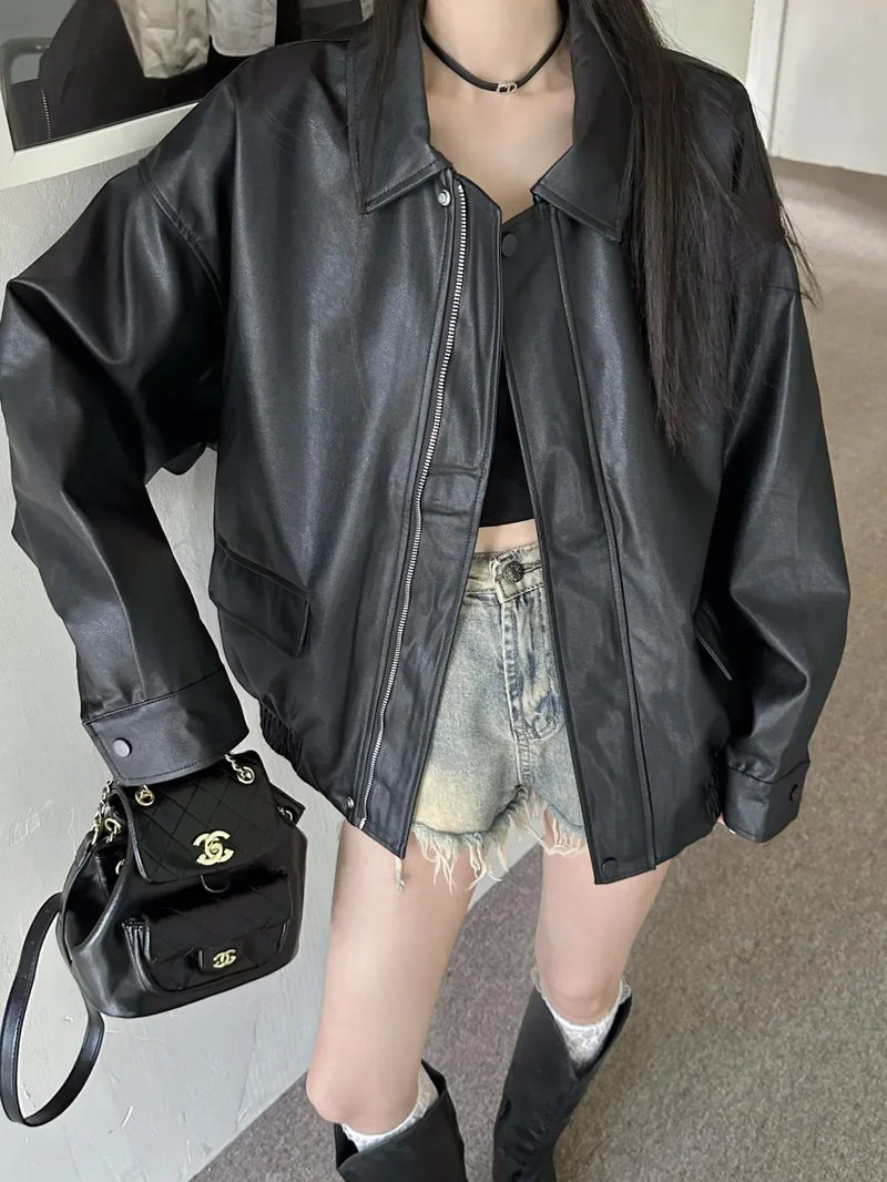American Retro Solid Pu Jackets Women Autumn Sweet Cool Tops PU Baggy Cozy Turn-down Collar Zipper Fashion Stylish Temperament