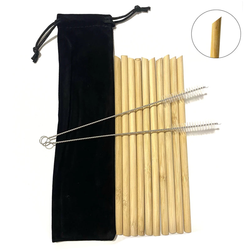 10Pcs Natural Bamboo Straw Reusable Drinking Straws with Case Biodegradable Eco-friendly Bamboo Straws for Cocktail Bar Drinks