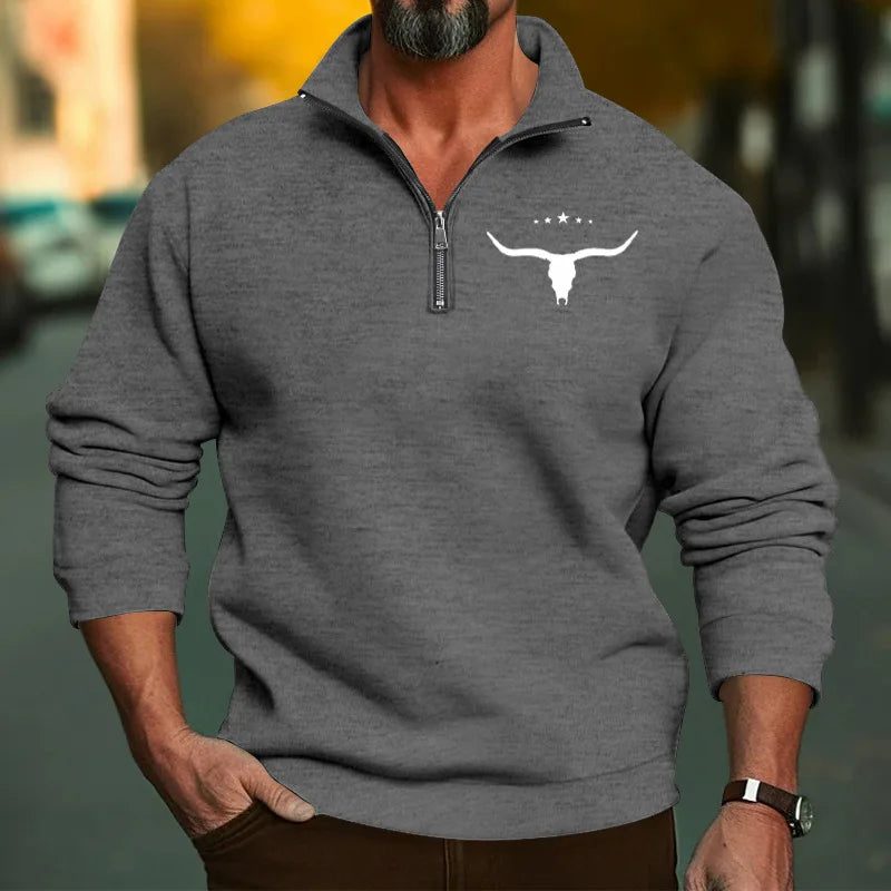 Men’s Winter Fleece Half-Zip Hoodie – Warm Stand Collar Bull Print Sweatshirt