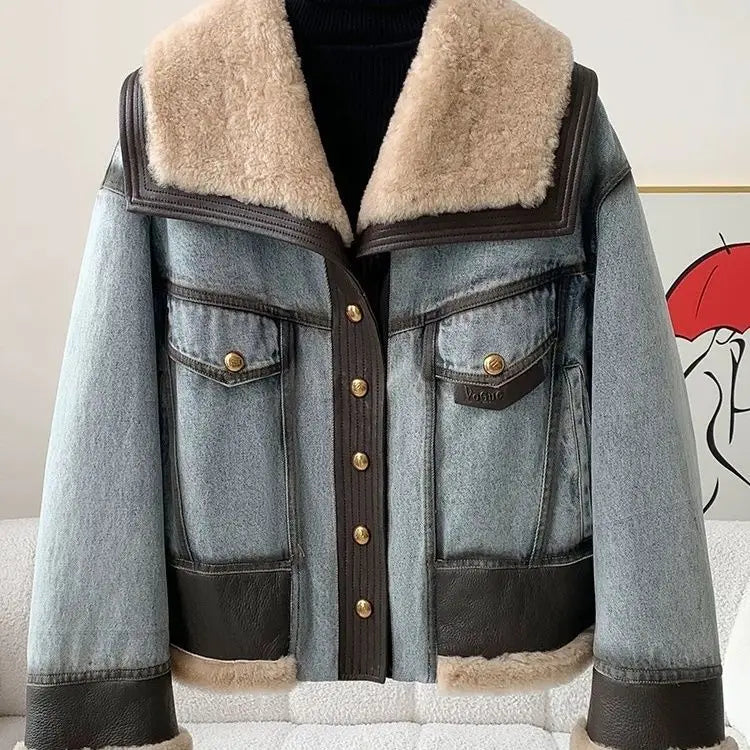 High Quality Denim Women’s Winter Jackets With Natural Sheep Leather with Fur Collar White Goose Down Liningm