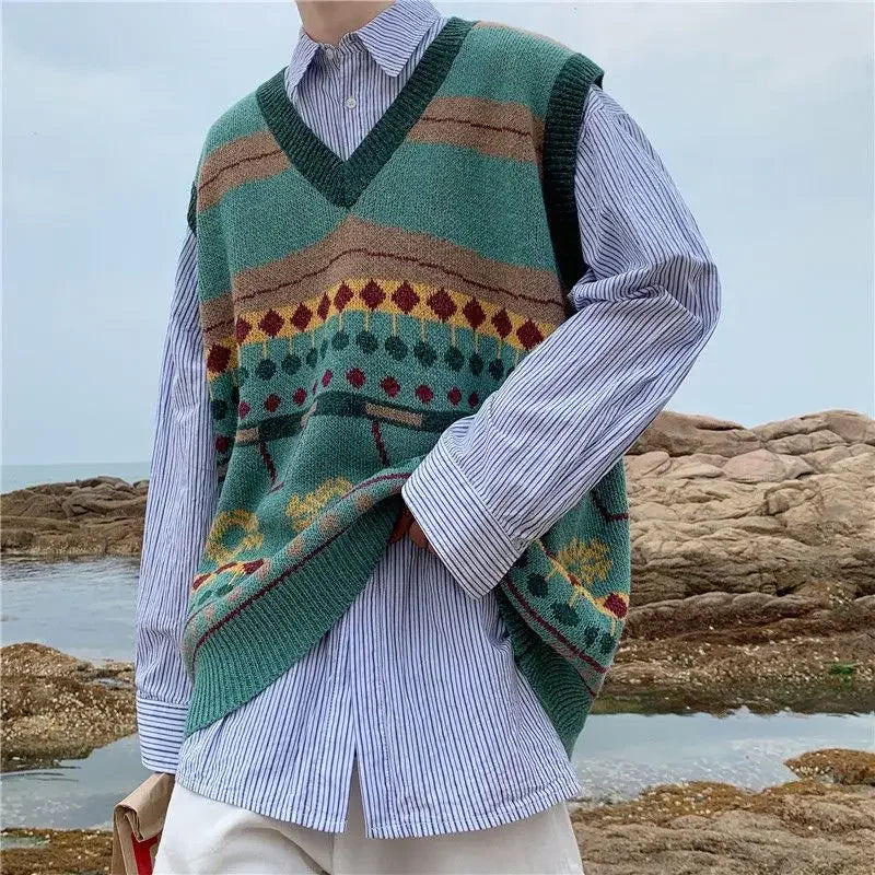 Tatiana Haven Men’s Printed Knit Sweater Vest – V-Neck Casual Korean-Style Fashion Waistcoat for Autumn & Winter