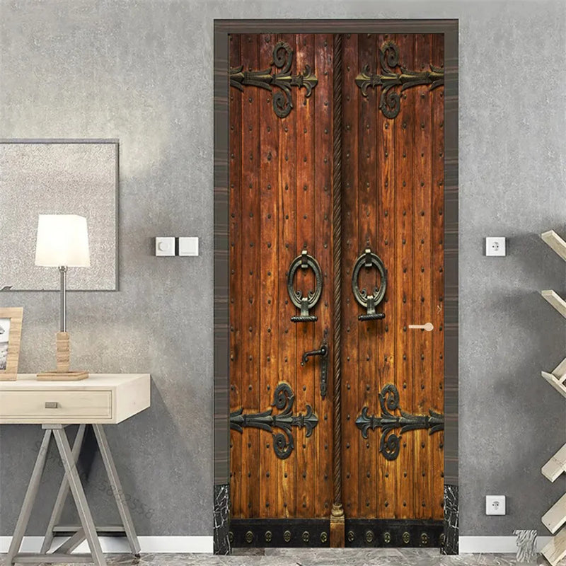 Wooden Door Mural Decal Sticker Peel and Stick Removable Self-Adhesive Brown Wood Grain Red Brick Door Wallpaper for Home Decor