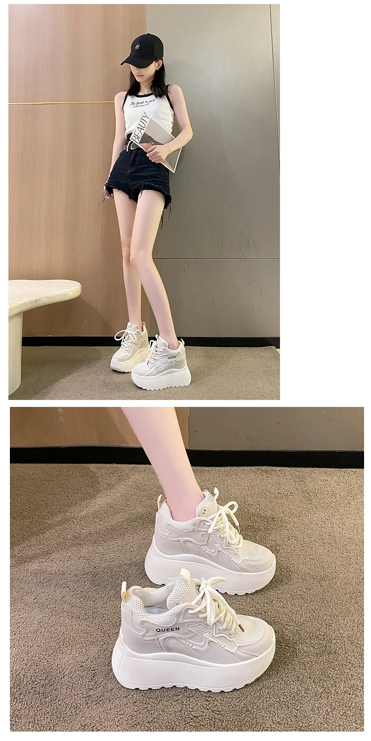 Women Chunky Sneakers 2025 Autumn Breathable Mesh Casual Shoes 11CM Wedge Heels Platform Shoes Chaussures Femme Sports Dad Shoes