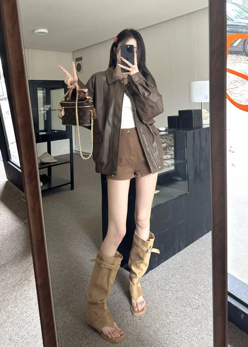 American Retro Solid Pu Jackets Women Autumn Sweet Cool Tops PU Baggy Cozy Turn-down Collar Zipper Fashion Stylish Temperament