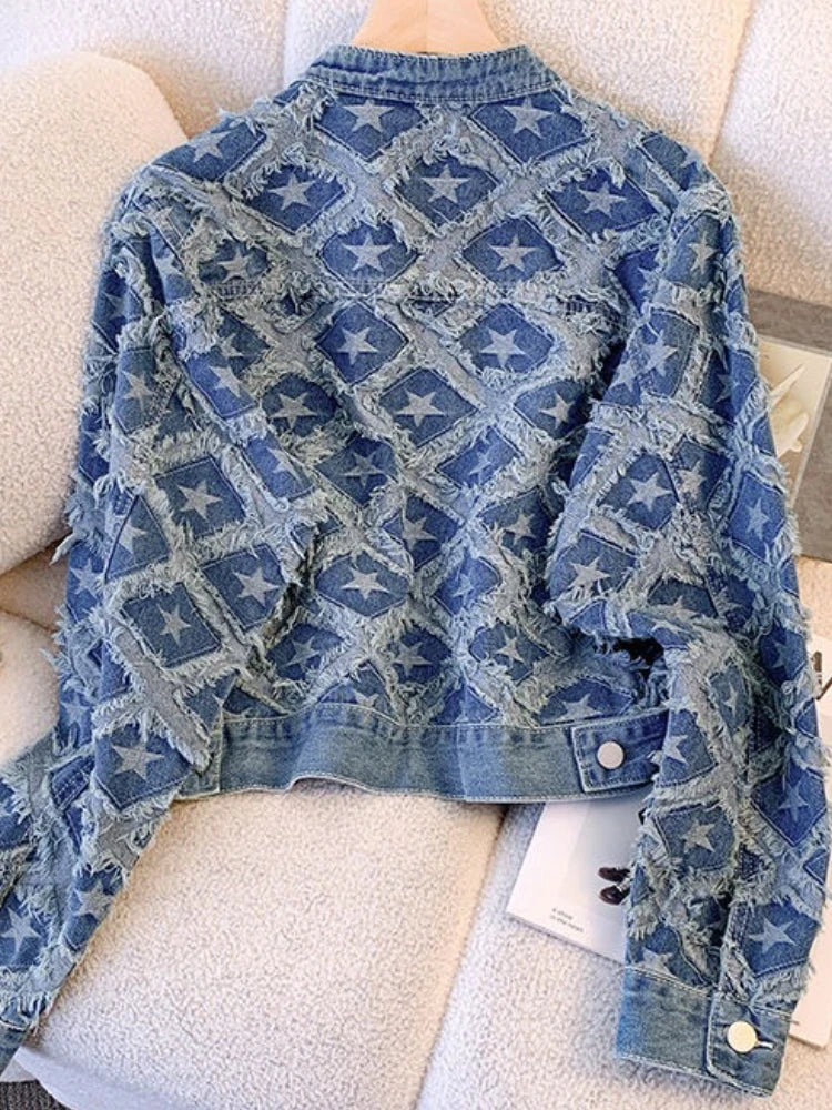 Denim Jacket Women Autumn New InTassel Short Jacket Top Fashion Loose Outerwear Single Breasted Long Sleeved Casual Jeans Coat