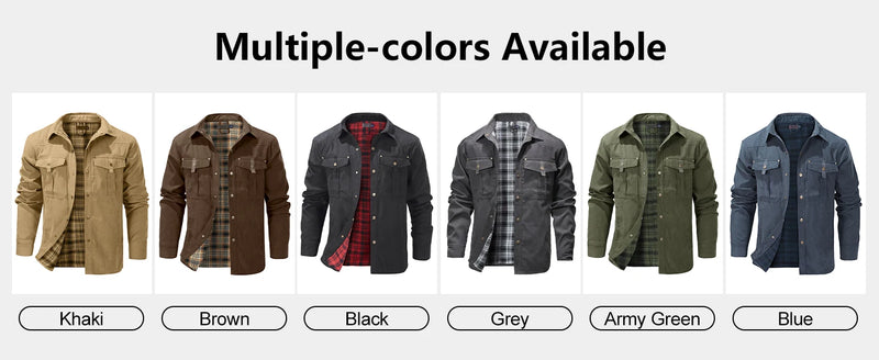 Men’s Flannel-Lined Shirt Jacket – Casual Snap Button Overshirt for Spring & Autumn