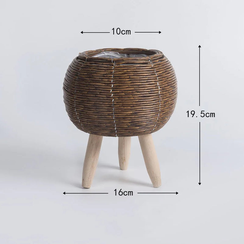 Rustic Rattan Planter With Wooden Legs Household Planter Pot Basket Wood Flower Basket For Indoor Plants Wood Flower Pots