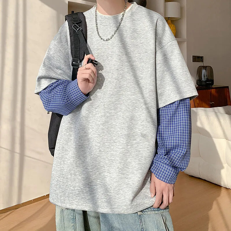 Fashion Oversized Solid Color Fake Two-Piece Hoodie with Checkered Sleeves Trendy Plus Size Pullover for Men and Women Autumn