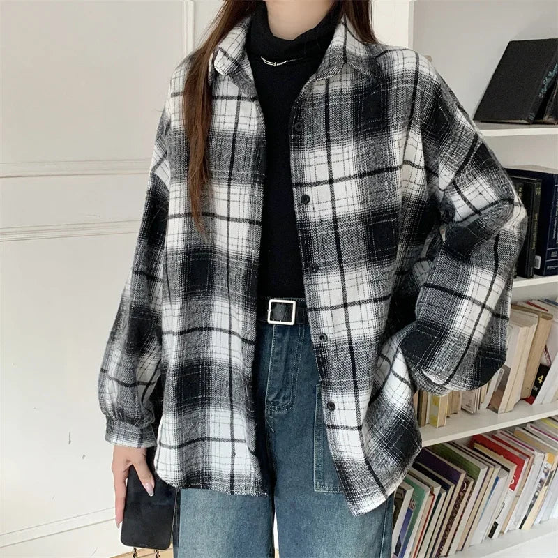 Women’s Oversized Flannel Plaid Shirt – Long Sleeve Button-Down Check Shacket for Autumn & Winter