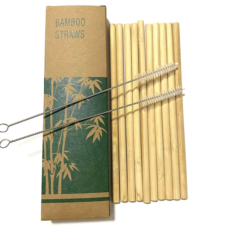 10Pcs Natural Bamboo Straw Reusable Drinking Straws with Case Biodegradable Eco-friendly Bamboo Straws for Cocktail Bar Drinks