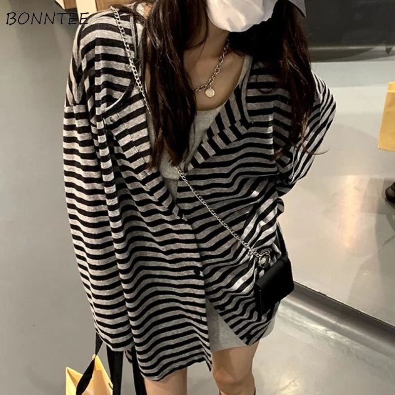 Sweatshirts Women Striped Chic Loose All-match Design Summer Simple Daily Retro Students Tender Sun-proof Classic Korean Style