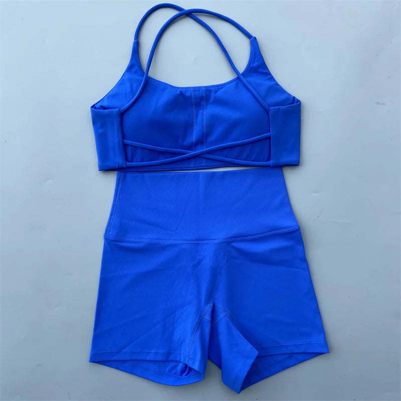Yoga Shorts Set Gym Two Piece Sports Set Women Workout Outfit Fitness Suit Cross Straps Bra High Waist Shorts Running Tracksuit
