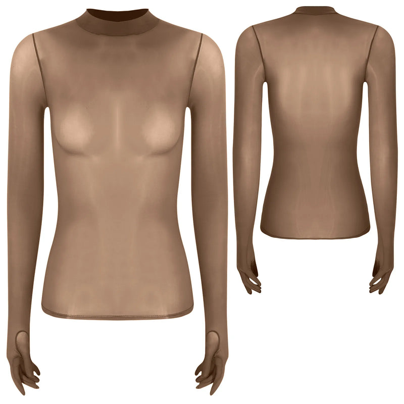 Adult Women Sheer Mesh Ultra Thin Crop Top Long Sleeve Mock Neck Translucent Gloved Tops for Base Shirt Lingerie Role Play Tops