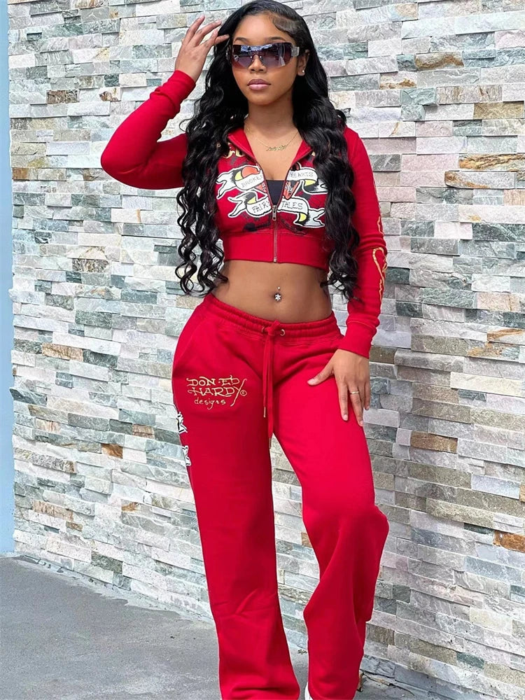 Y2k Zipper Tracksuit Women Black Print Hoodie Sweatpant Winter Blue Bodycon 2 Two Piece Outfits Pants Matching Sets Sweatshirt