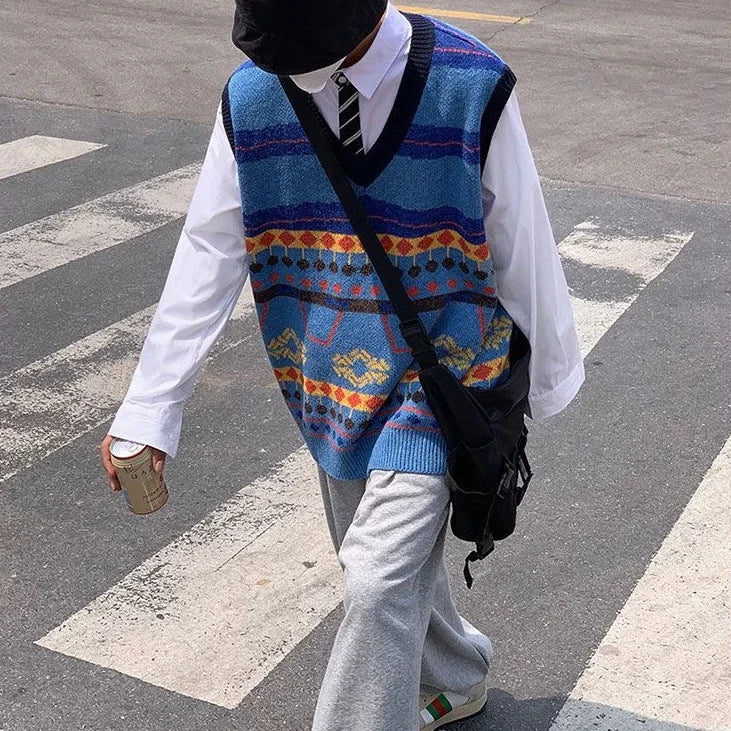 Tatiana Haven Men’s Printed Knit Sweater Vest – V-Neck Casual Korean-Style Fashion Waistcoat for Autumn & Winter