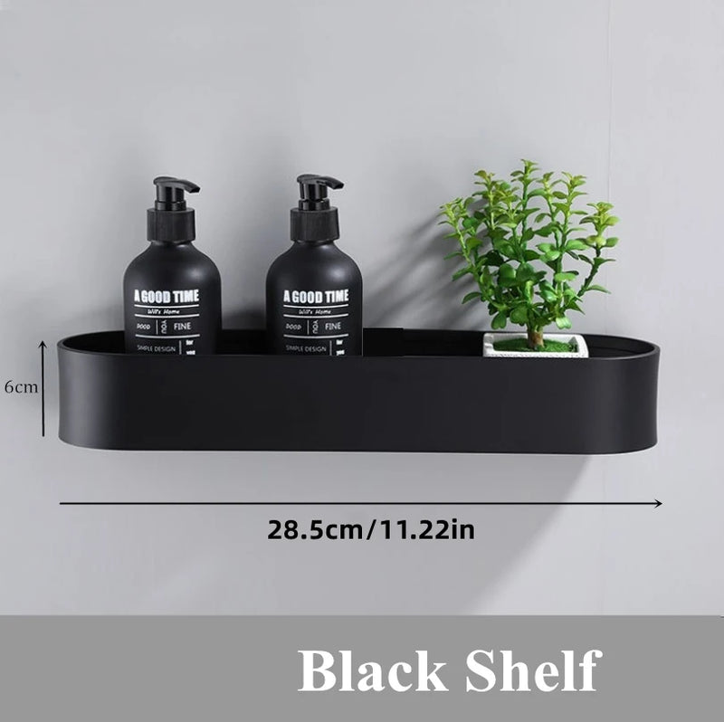 Black Bathroom Shelf Shower Basket Kitchen Storage Rack With Towel Bar Cosmetics Wall Shelves Bathroom Accessories