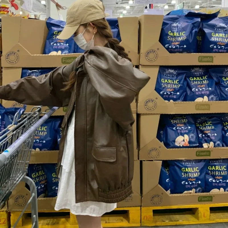 American Retro Solid Pu Jackets Women Autumn Sweet Cool Tops PU Baggy Cozy Turn-down Collar Zipper Fashion Stylish Temperament