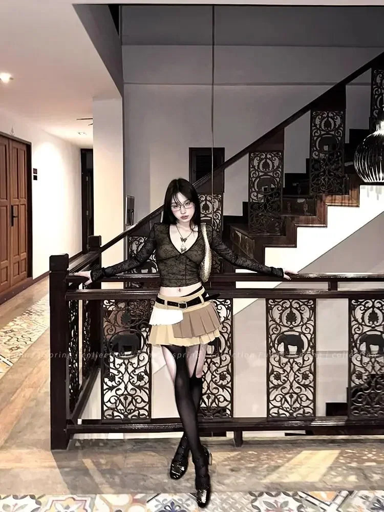 Coquette Aesthetic Mesh T Shirts Women Vintage V Neck Lace Bow Cropped Tops Y2k Sexy Slim Fit Long Sleeve Tee Shirts