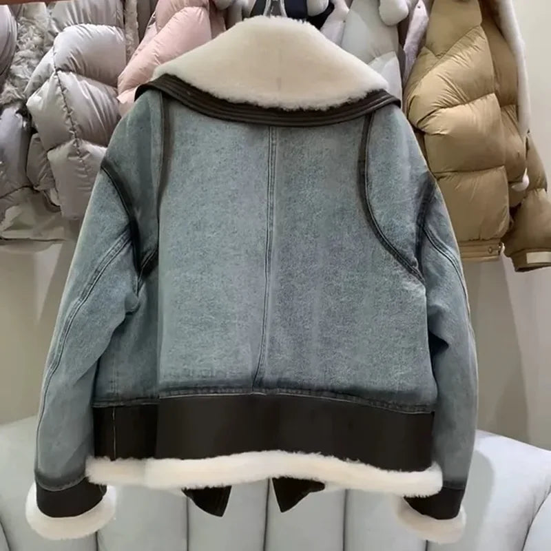 High Quality Denim Women’s Winter Jackets With Natural Sheep Leather with Fur Collar White Goose Down Liningm
