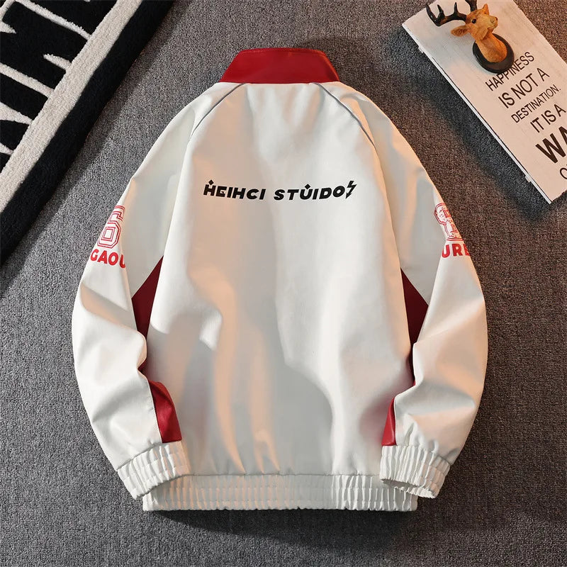 Mens Leather Moto Jacket  Stand Collar Edgy Racing Style Utility Work Coat  Unisex Hong Kong Trend Ins Fashion for Spring Autumn