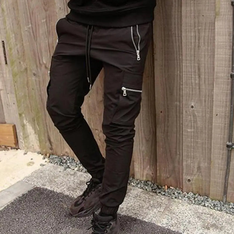 Mens Cargo Pants Zipper Pockets Jogger Running Hip Hop Streetwear Slim Sport Trousers Male Training Workout Fitness Sweatpants