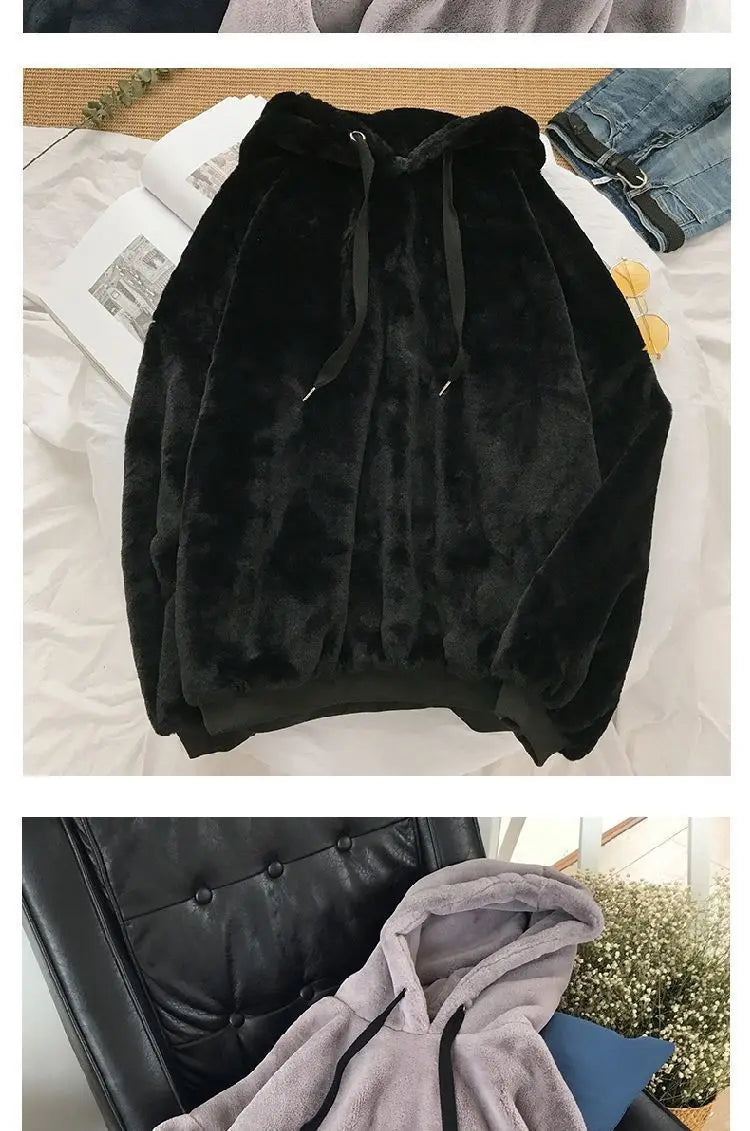 Loose Hoodies Woman Sweatshirt Casual Flannel Solid Pullover Autumn Winter Coat Y2k Fleece-lined Thicken Hooded Warm Soft Jacket