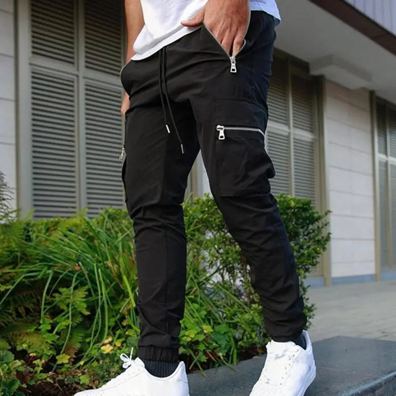 Mens Cargo Pants Zipper Pockets Jogger Running Hip Hop Streetwear Slim Sport Trousers Male Training Workout Fitness Sweatpants