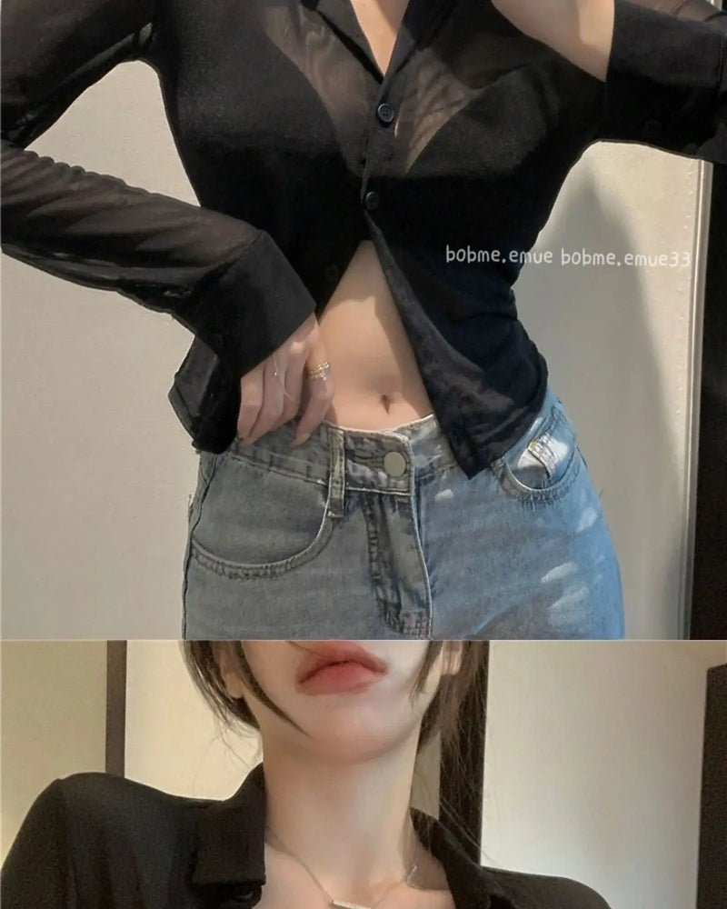 Mesh Sheer Shirts Women Long Sleeve Sunscreen Crop Tops Sexy Summer Thin Breathable Skinny Fashion Ins Streetwear Ladies Chic