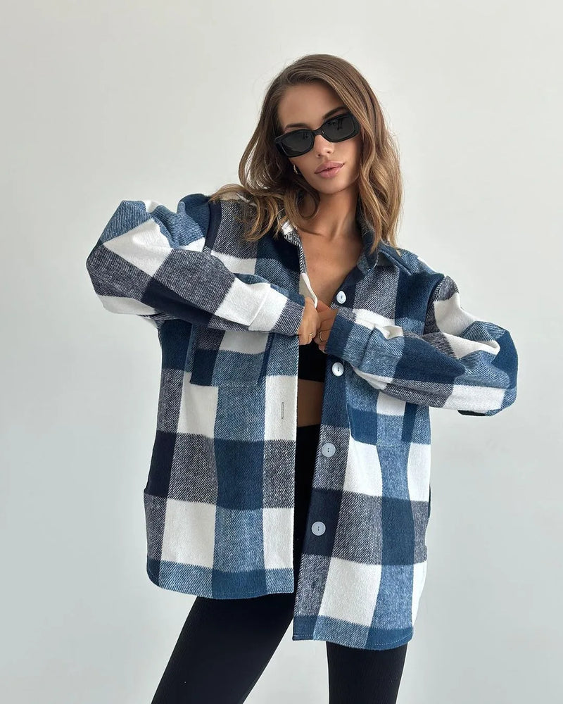 Women’s Flannel Plaid Shirt Jacket – Long Sleeve Lapel Button-Down Shacket for Autumn