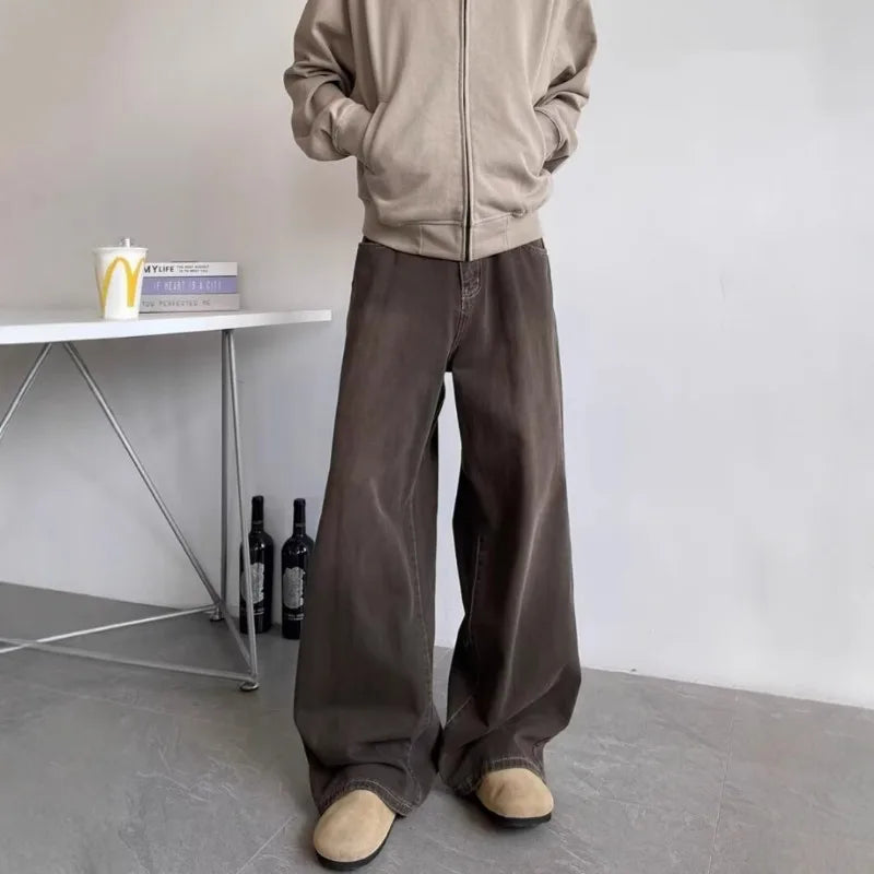 Men’s Vintage Distressed Jeans – Relaxed Straight Wide Leg Casual Denim Trouser