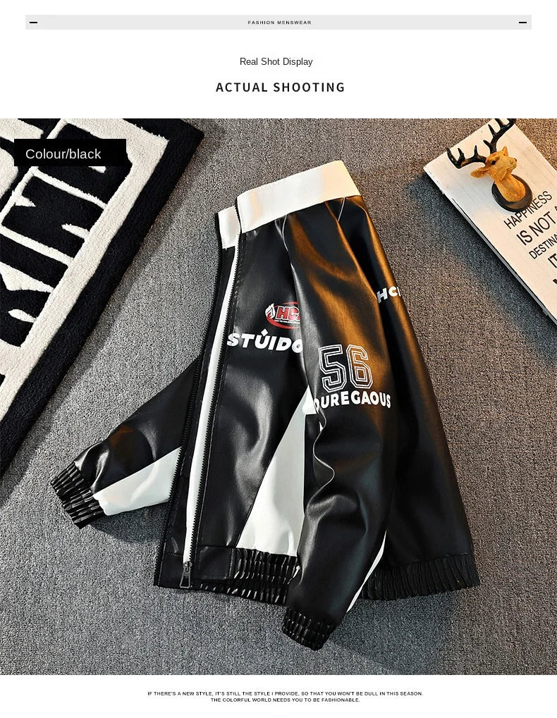 Mens Leather Moto Jacket  Stand Collar Edgy Racing Style Utility Work Coat  Unisex Hong Kong Trend Ins Fashion for Spring Autumn