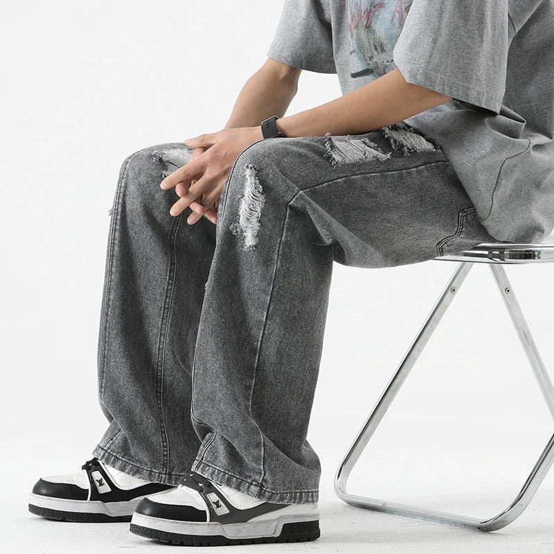 Men’s Summer Loose Ripped Jeans – Retro Straight-Leg Denim Pants with Drawstring Waist, Casual Streetwear Style
