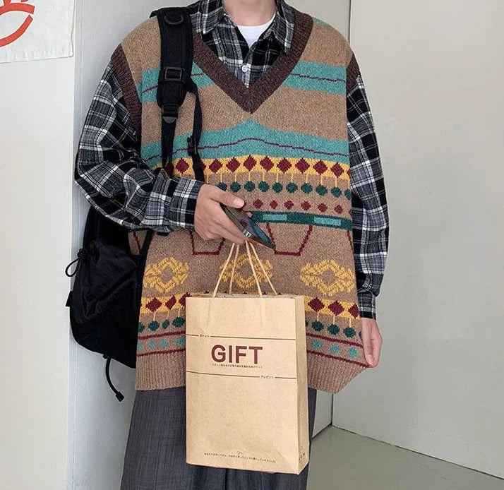 Tatiana Haven Men’s Printed Knit Sweater Vest – V-Neck Casual Korean-Style Fashion Waistcoat for Autumn & Winter