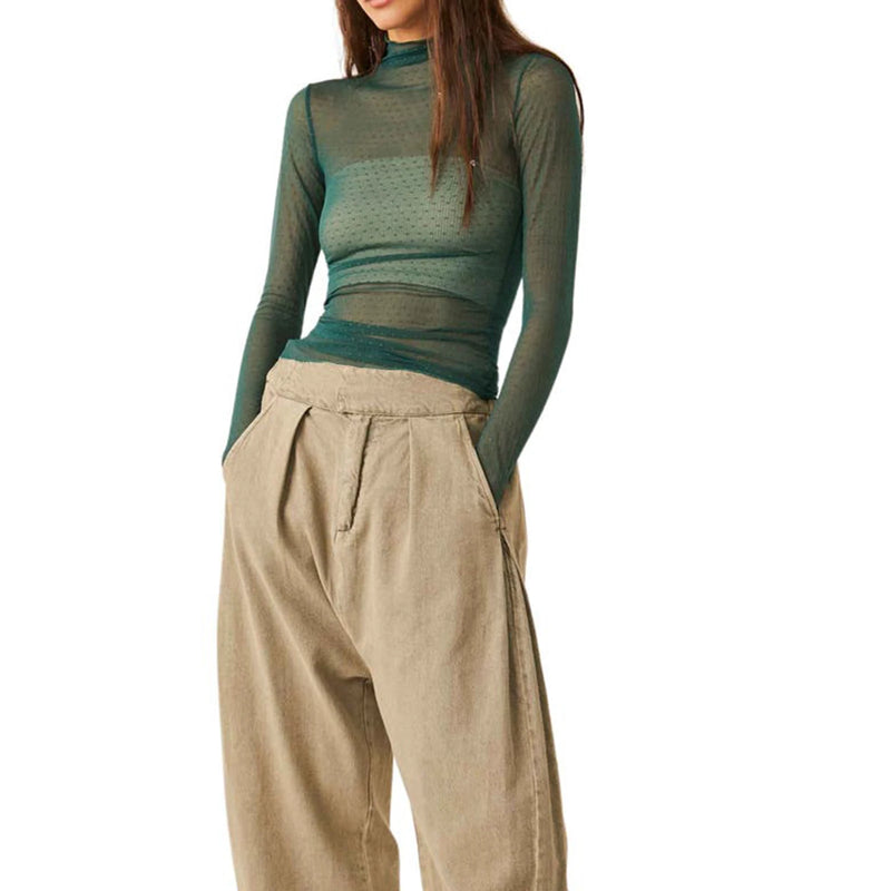 Women Sheer Mesh T-Shirts Mock Neck Long Sleeve Crop Tops Retro See Through Shirt Fairycore Grunge Tees