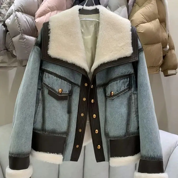 High Quality Denim Women’s Winter Jackets With Natural Sheep Leather with Fur Collar White Goose Down Liningm
