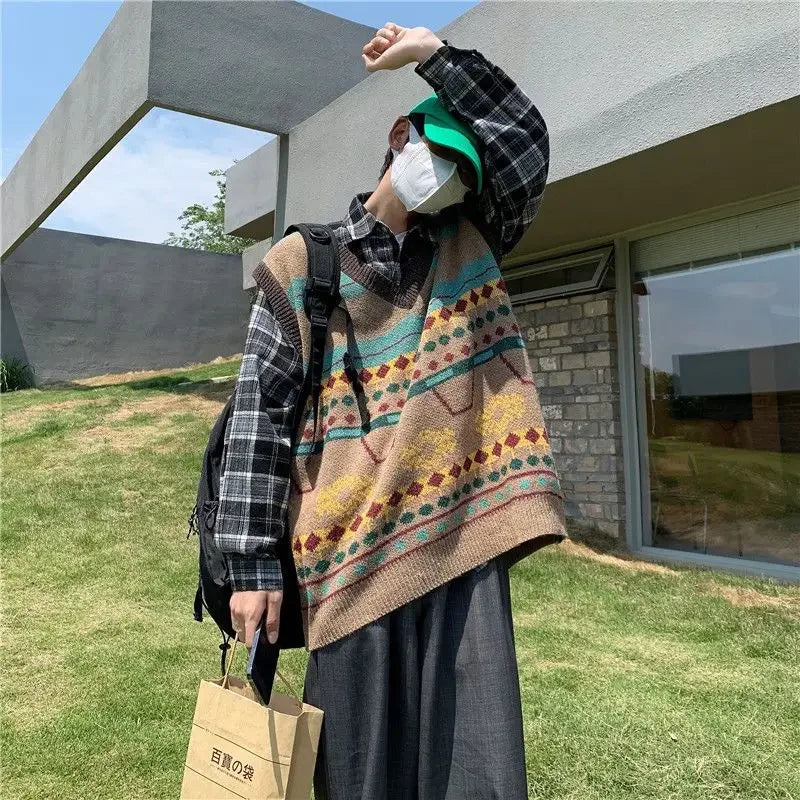 Tatiana Haven Men’s Printed Knit Sweater Vest – V-Neck Casual Korean-Style Fashion Waistcoat for Autumn & Winter