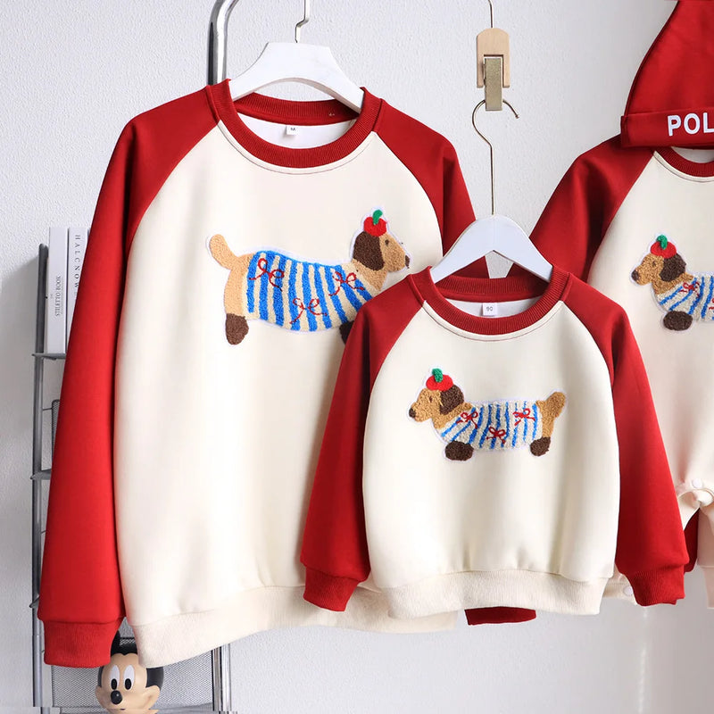 Funny Red Sweatshirts for The Whole Family Matching Clothes Father Mother and Son Daughter Cute Dog Print Tops Newborn Bodysuit
