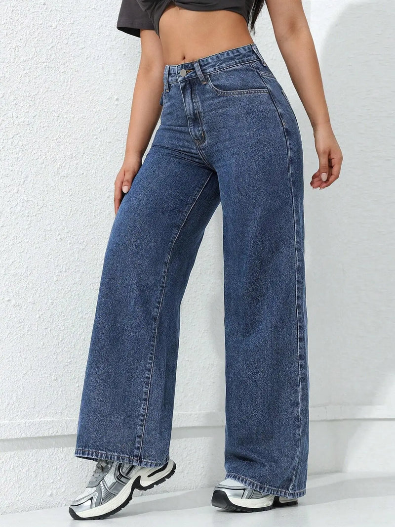 Retro Loose Wide Leg Jeans Fashion Women Solid Straight Wash High Elastic Waist Denim Pants Casual Streetwear Pocket Trousers