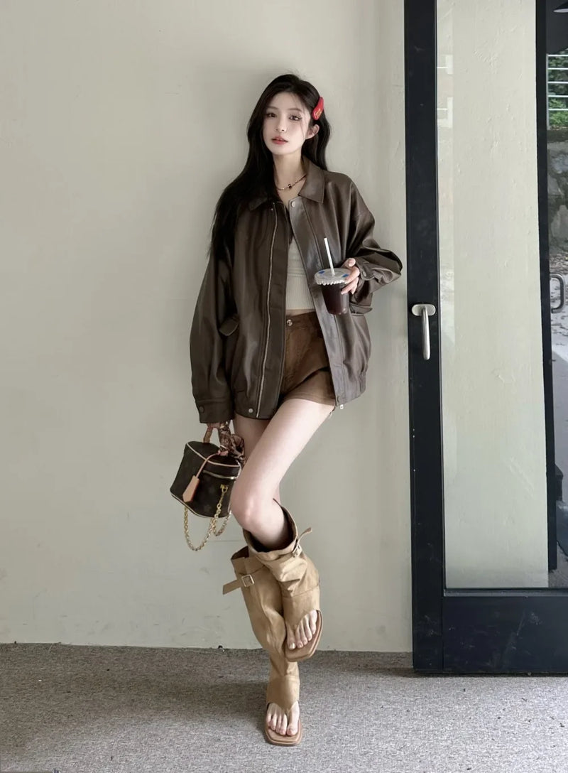 American Retro Solid Pu Jackets Women Autumn Sweet Cool Tops PU Baggy Cozy Turn-down Collar Zipper Fashion Stylish Temperament