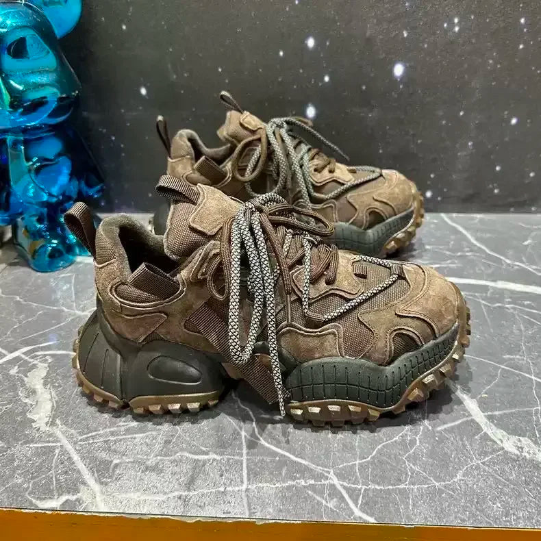 Chunky Sneakers Men Designer Mountaineering Shoes Fashion Casual Leather Fabric Breathable Height Increased Platform Sport Shoes