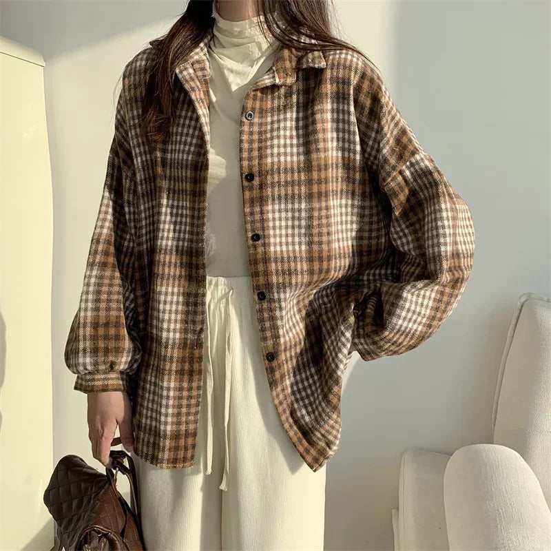 Women’s Oversized Flannel Plaid Shirt – Long Sleeve Button-Down Check Shacket for Autumn & Winter