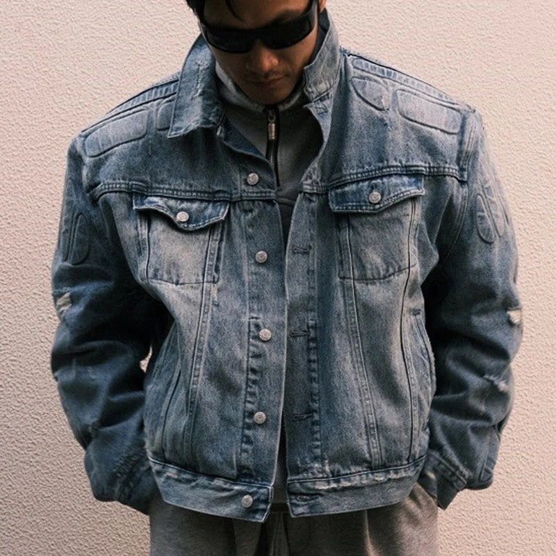 European American High Street Trend Kanye West Denim Jacket Heavyweight Washed Do Old Pleated Ripped Denim Outerwear