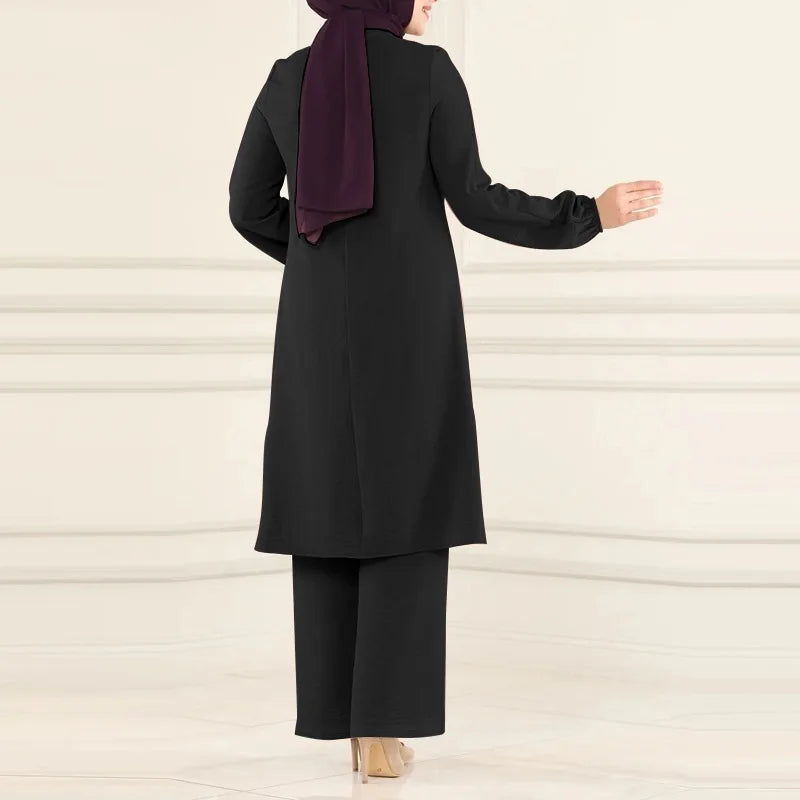 Casual Muslim Dress for Women Blouse 2 Piece Set Long Sleeve Shirt Wide Leg Pant Suits Saudi Arabic Dubai Dresses Autumn 2023