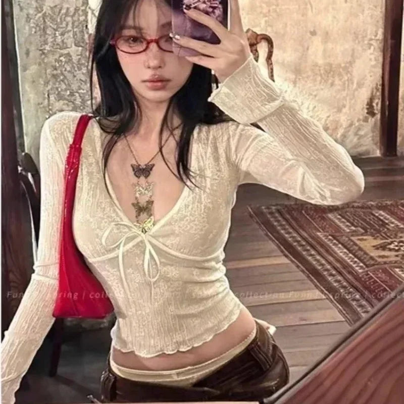 Coquette Aesthetic Mesh T Shirts Women Vintage V Neck Lace Bow Cropped Tops Y2k Sexy Slim Fit Long Sleeve Tee Shirts